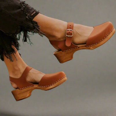 Marie | Damen Comfortable Sandals Plateau-Clogs Lederriemen Holzsohle