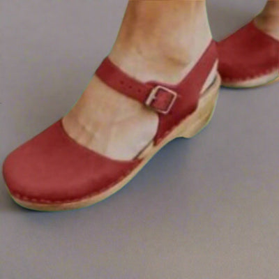 Marie | Damen Comfortable Sandals Plateau-Clogs Lederriemen Holzsohle