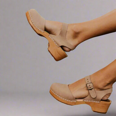 Marie | Damen Comfortable Sandals Plateau-Clogs Lederriemen Holzsohle