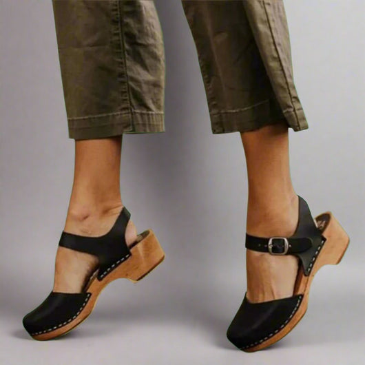 Marie | Damen Comfortable Sandals Plateau-Clogs Lederriemen Holzsohle