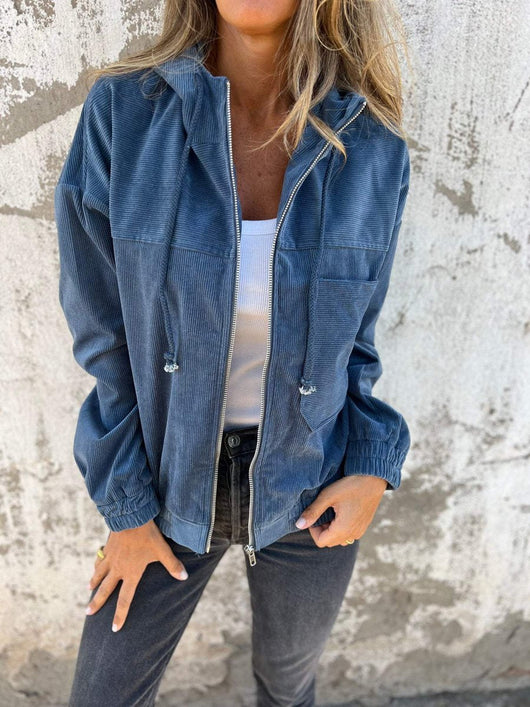 Mia | Damen Cord Kapuzenjacke mit Reißverschluss Oversized Freizeitjacke