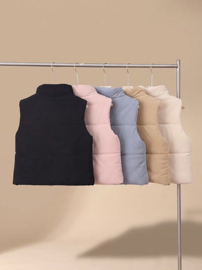 Marie | Damen Corduroy-Steppweste Kurzer Bodywarmer mit Stehkragen Druckknopf