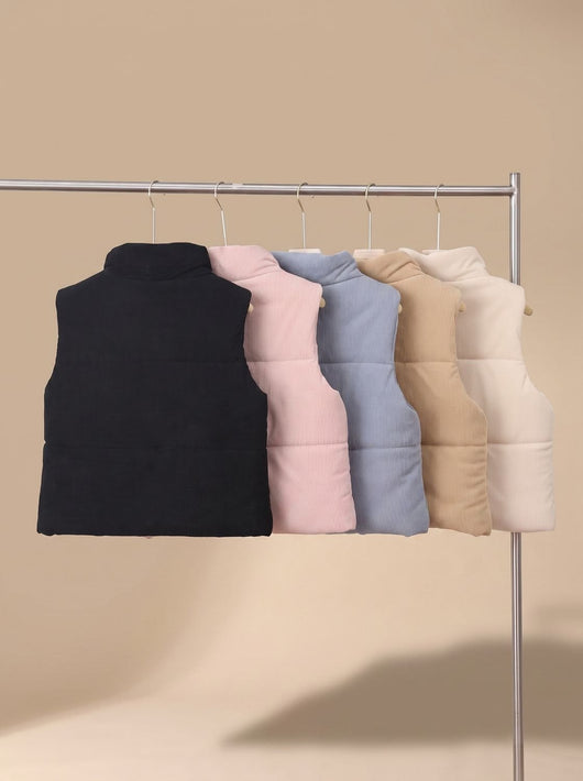 Marie | Damen Corduroy-Steppweste Kurzer Bodywarmer mit Stehkragen Druckknopf