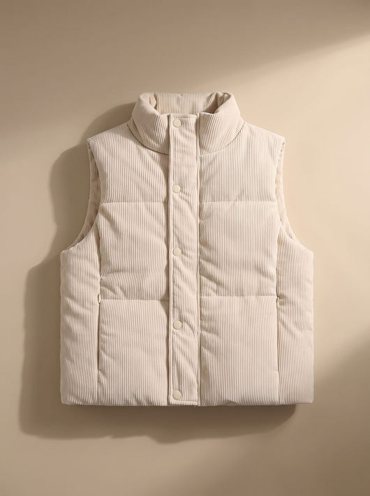 Marie | Damen Corduroy-Steppweste Kurzer Bodywarmer mit Stehkragen Druckknopf