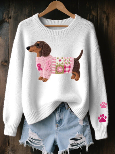 Nora | Damen Dackel Patchwork Strickpullover mit Pfotenabdruck-Detail