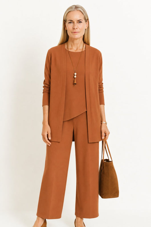 Marlene | Damen Dreiteiliges Longline-Cardigan Tank-Top Weite Hosen Set