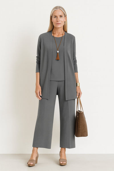Marlene | Damen Dreiteiliges Longline-Cardigan Tank-Top Weite Hosen Set