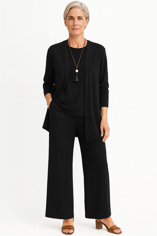 Marlene | Damen Dreiteiliges Longline-Cardigan Tank-Top Weite Hosen Set