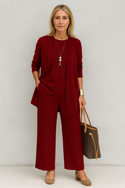 Marlene | Damen Dreiteiliges Longline-Cardigan Tank-Top Weite Hosen Set
