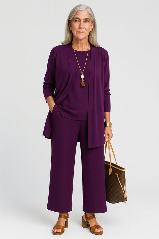 Marlene | Damen Dreiteiliges Longline-Cardigan Tank-Top Weite Hosen Set