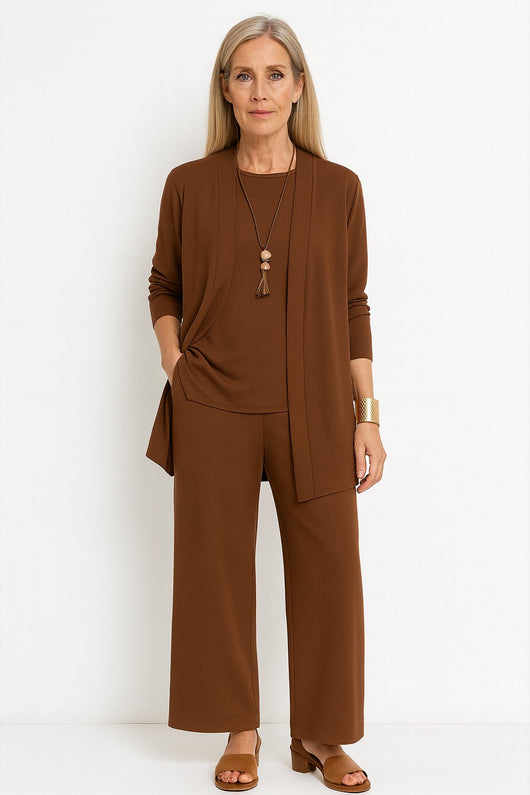 Marlene | Damen Dreiteiliges Longline-Cardigan Tank-Top Weite Hosen Set