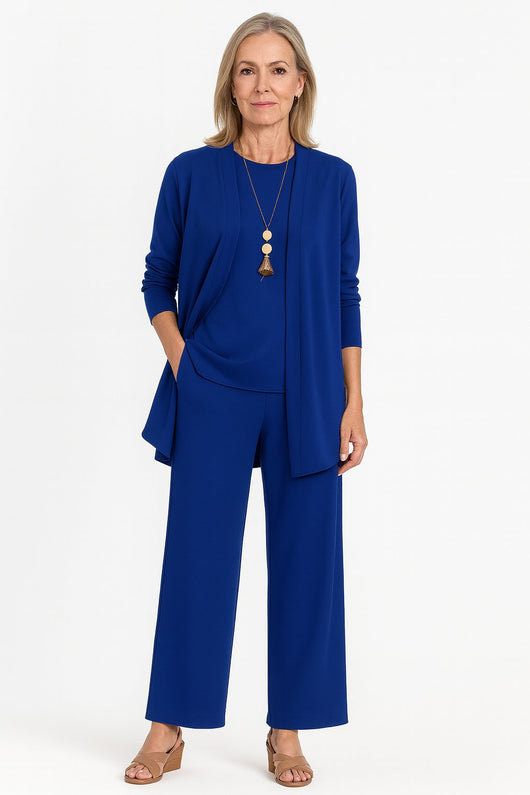 Marlene | Damen Dreiteiliges Longline-Cardigan Tank-Top Weite Hosen Set