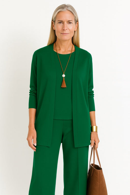 Marlene | Damen Dreiteiliges Longline-Cardigan Tank-Top Weite Hosen Set