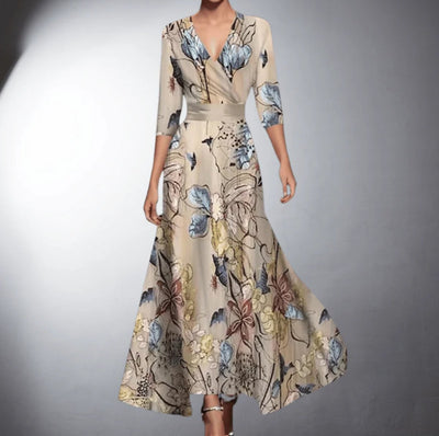 Lena | Damen Elegant Formal Dresses Blumen Maxi-Kleid V-Ausschnitt