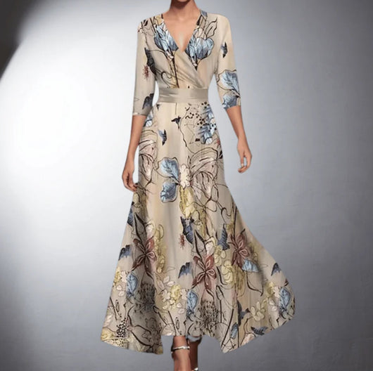 Lena | Damen Elegant Formal Dresses Blumen Maxi-Kleid V-Ausschnitt