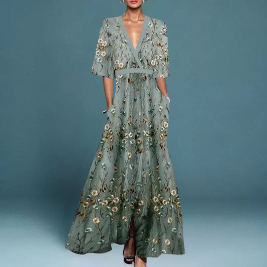 Emilia | Damen Elegante Blumen Maxi Abendkleider mit tiefem V-Ausschnitt