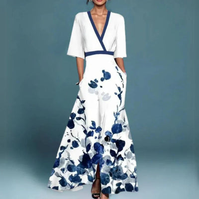 Emilia | Damen Elegante Blumen Maxi Abendkleider mit tiefem V-Ausschnitt