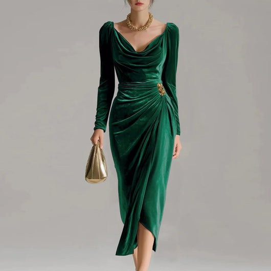 Luisa | Damen Elegante Formal Dresses Samtkleid Midi Cowlneck Langarm