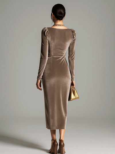 Luisa | Damen Elegante Formal Dresses Samtkleid Midi Cowlneck Langarm