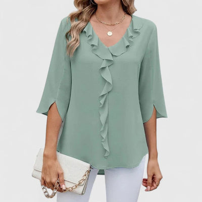 Marlene | Damen Elegante Rüschen-Bluse V-Ausschnitt Halbarm