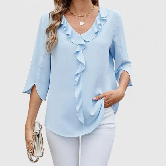 Marlene | Damen Elegante Rüschen-Bluse V-Ausschnitt Halbarm