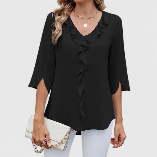 Marlene | Damen Elegante Rüschen-Bluse V-Ausschnitt Halbarm