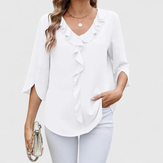 Marlene | Damen Elegante Rüschen-Bluse V-Ausschnitt Halbarm