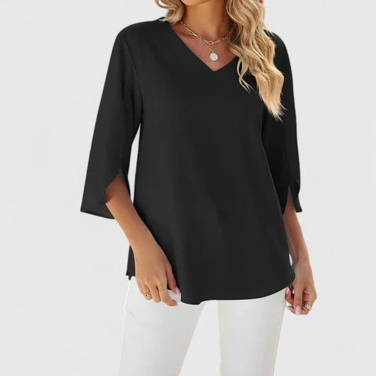 Marlene | Damen Elegante Rüschen-Bluse V-Ausschnitt Halbarm