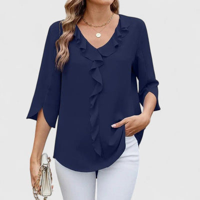 Marlene | Damen Elegante Rüschen-Bluse V-Ausschnitt Halbarm