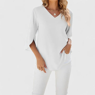 Marlene | Damen Elegante Rüschen-Bluse V-Ausschnitt Halbarm