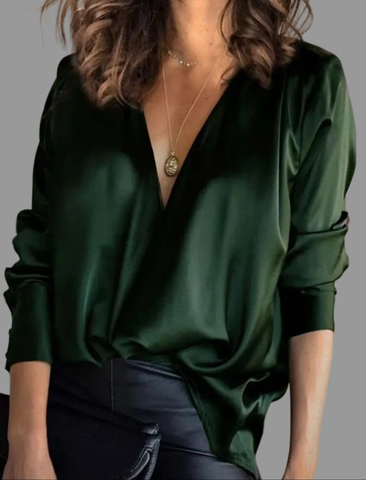 Amelie | Damen Elegante Satin-Bluse Tiefer V-Ausschnitt Langarm
