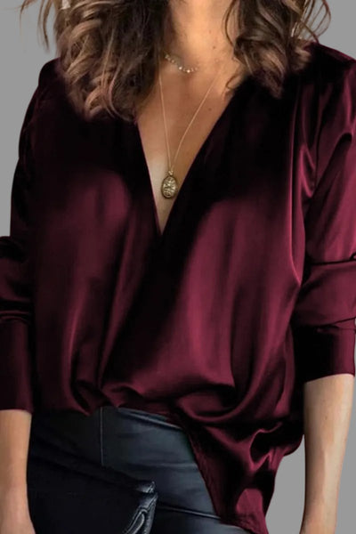Amelie | Damen Elegante Satin-Bluse Tiefer V-Ausschnitt Langarm