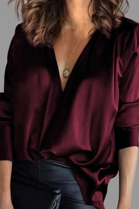 Amelie | Damen Elegante Satin-Bluse Tiefer V-Ausschnitt Langarm