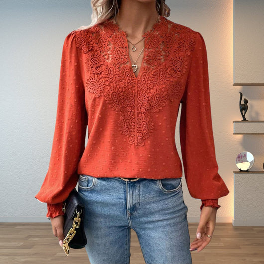 Clara | Damen Elegante Spitzenbesatz Langarm Bluse V-Ausschnitt