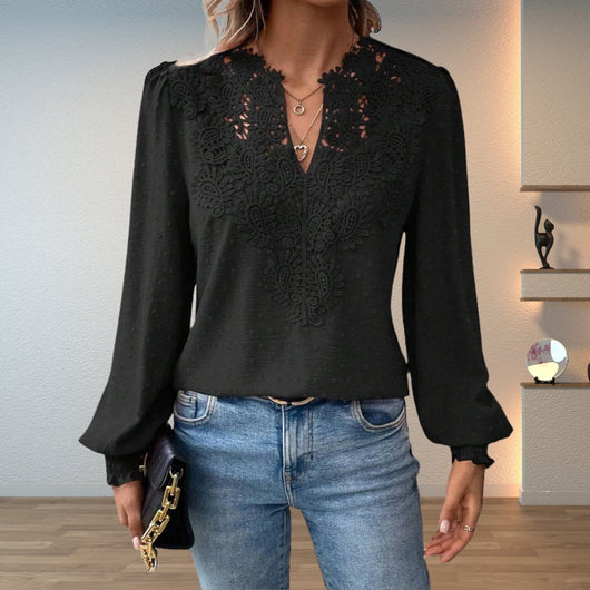 Clara | Damen Elegante Spitzenbesatz Langarm Bluse V-Ausschnitt