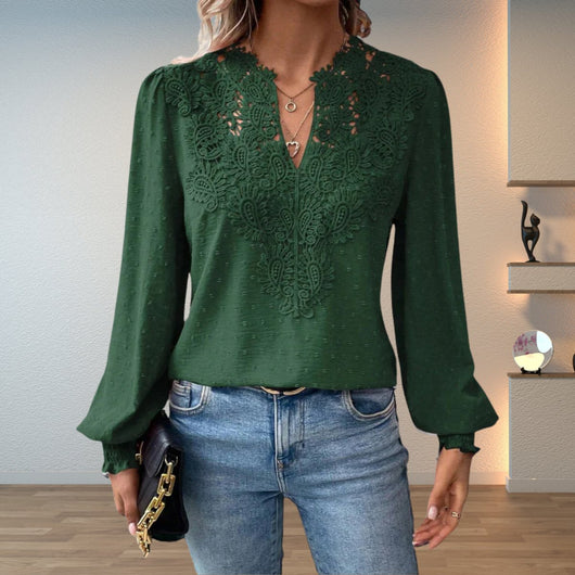 Clara | Damen Elegante Spitzenbesatz Langarm Bluse V-Ausschnitt