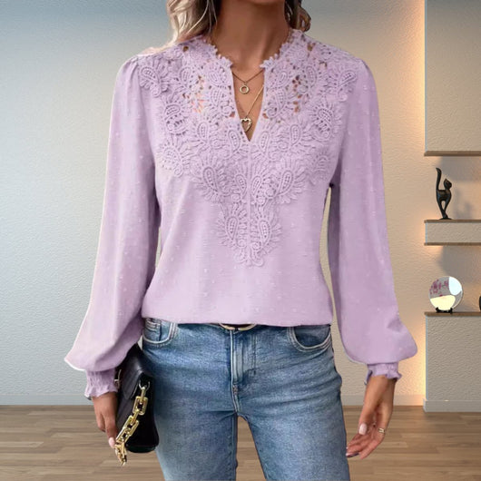 Clara | Damen Elegante Spitzenbesatz Langarm Bluse V-Ausschnitt