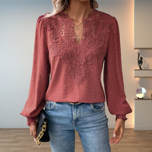 Clara | Damen Elegante Spitzenbesatz Langarm Bluse V-Ausschnitt