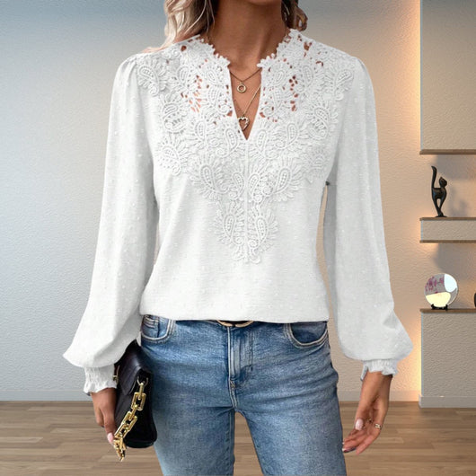 Clara | Damen Elegante Spitzenbesatz Langarm Bluse V-Ausschnitt