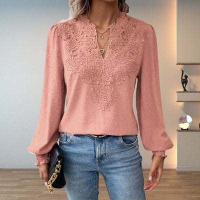Clara | Damen Elegante Spitzenbesatz Langarm Bluse V-Ausschnitt