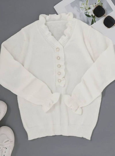 Charlotte | Damen Eleganter Pullover Klassischer Rüschen V-Ausschnitt Strickjacke
