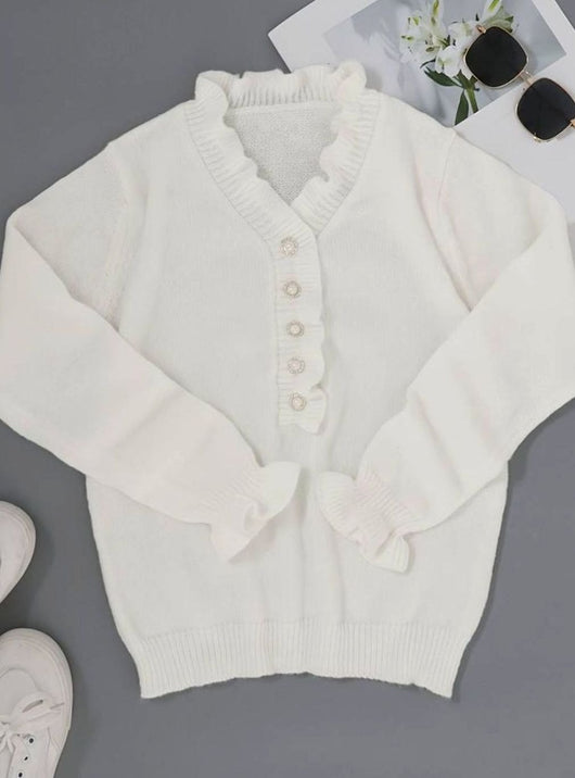 Charlotte | Damen Eleganter Pullover Klassischer Rüschen V-Ausschnitt Strickjacke