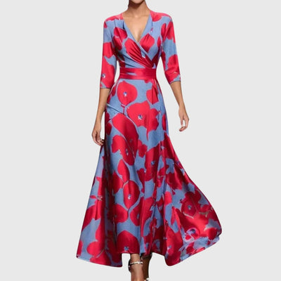 Elisabeth | Damen Elegantes Blumen-Maxi-Wickelkleid mit 3/4-Ärmeln V-Ausschnitt