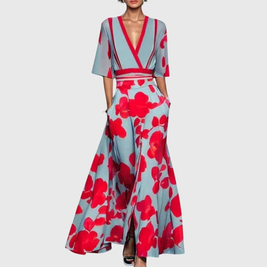 Elisabeth | Damen Elegantes Blumen-Maxi-Wickelkleid mit 3/4-Ärmeln V-Ausschnitt