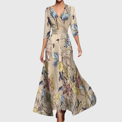 Elisabeth | Damen Elegantes Blumen-Maxi-Wickelkleid mit 3/4-Ärmeln V-Ausschnitt