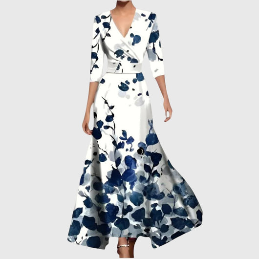 Elisabeth | Damen Elegantes Blumen-Maxi-Wickelkleid mit 3/4-Ärmeln V-Ausschnitt