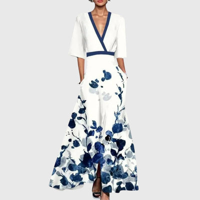 Elisabeth | Damen Elegantes Blumen-Maxi-Wickelkleid mit 3/4-Ärmeln V-Ausschnitt