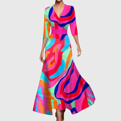 Elisabeth | Damen Elegantes Blumen-Maxi-Wickelkleid mit 3/4-Ärmeln V-Ausschnitt