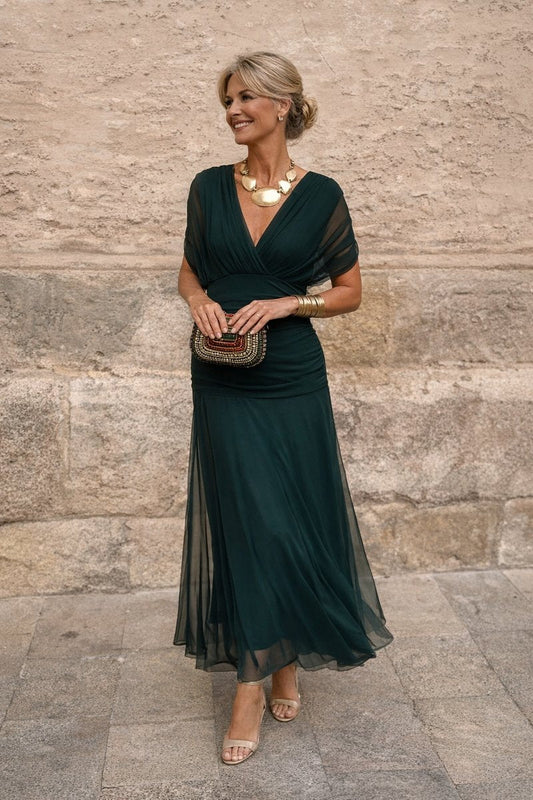 Clara | Damen Elegantes Cocktailkleid Maxi V-Ausschnitt Chiffon Festkleid