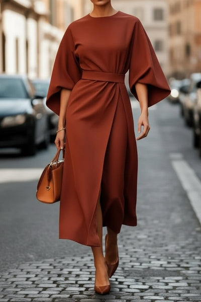 Hannah | Damen Elegantes Cocktailkleid mit Laternenärmeln Taillengürtel Midi
